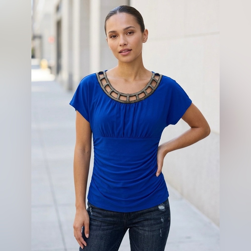 AGB Royal Blue Embellished Scoop Neck Women's Top